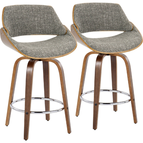 Fabrizzi 26" Swivel Counter Stool in Walnut Wood & Noise Grey Fabric with Chrome Footrest (Set of 2)